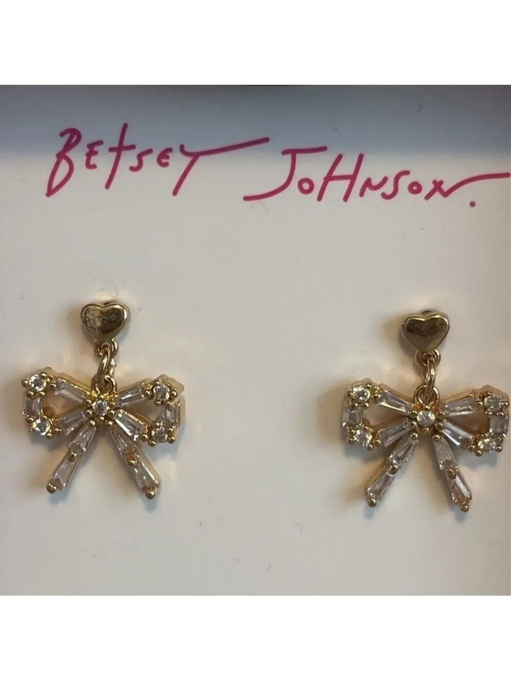Betsey Johnson Dangly Bow Earrings Gold Tone Crystal New